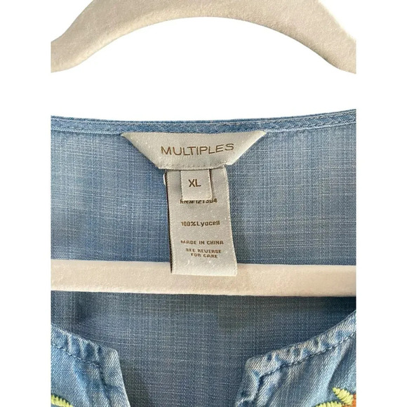 Multiples 3/4 Tie Sleeve Notch Neck Raw Hem Embroidered Top Size Medium - Picture 6 of 8